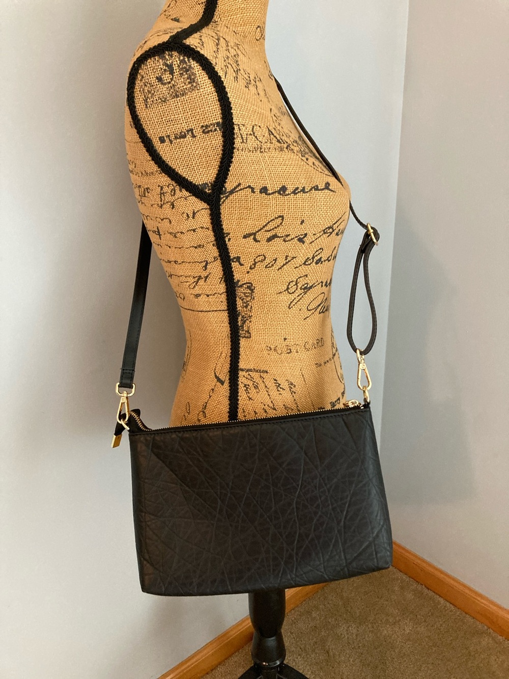 Black Leather Crossbody Clutch Bag with Gold Hardware
